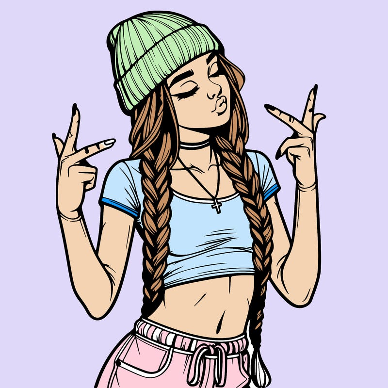 realistic teenage girl with braids and a beanie and crop top doing 🫶🏼