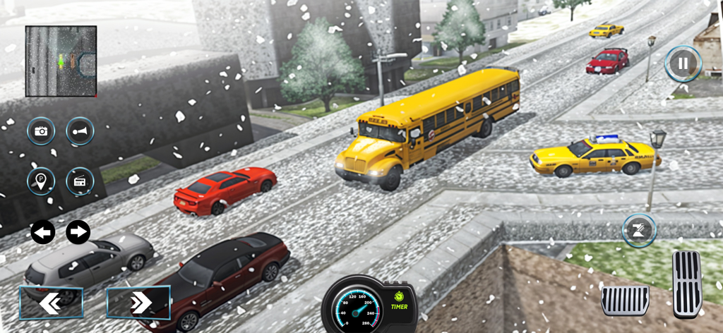 Student Transporter School Bus - A yellow school bus driving through a snowy city in a transporter simulation game