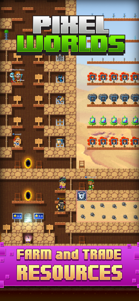 Pixel Worlds: MMO Sandbox - Pixel Worlds MMO gameplay showing players farming and trading resources in a 2D pixel art world