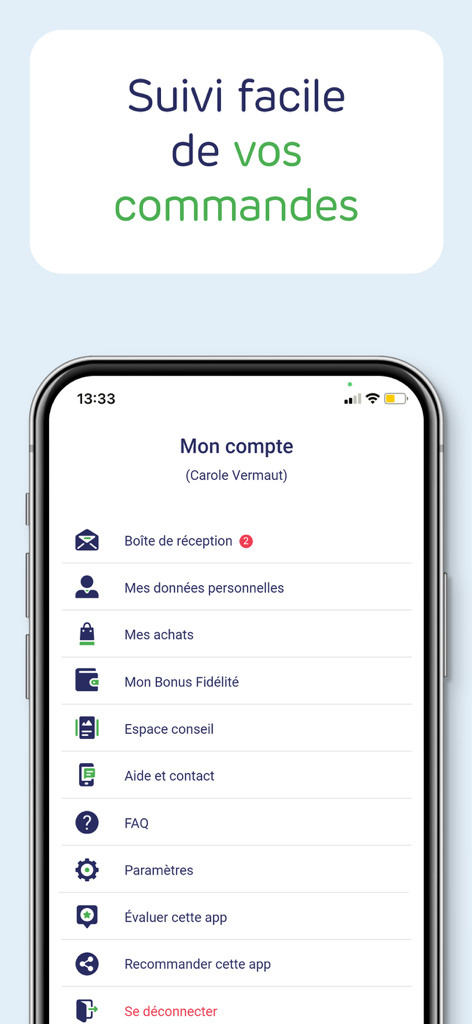 Newpharma app account screen showing order tracking and user settings