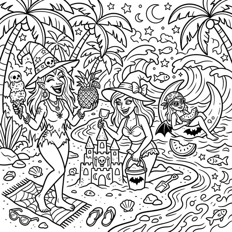 Dive into a world where magic meets the sun with this unique evil witches summer vacation coloring page. Featuring sinister sorceresses enjoying beach fun, from building sandcastles to sipping tropical drinks, it's a wickedly delightful scene ready for your creative touch.
