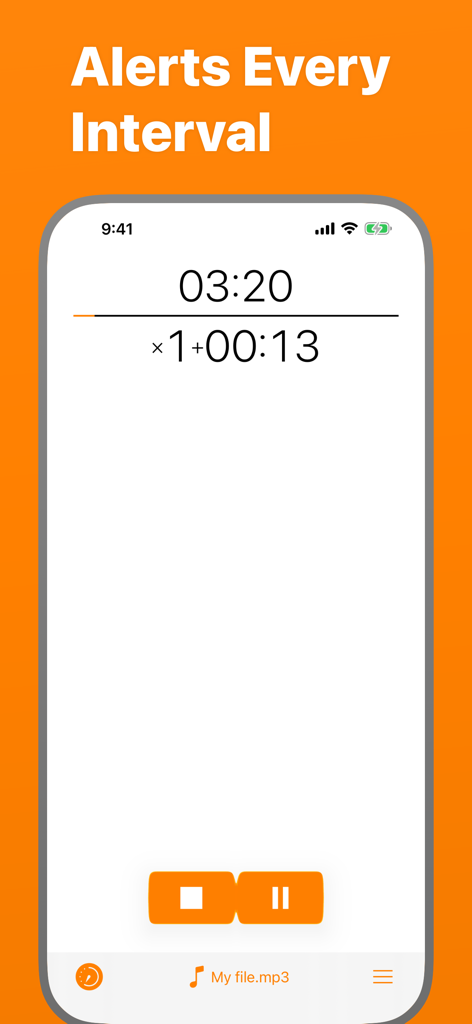 Periodic Timer + - Benutzeroberfläche der Periodic Timer Plus App, die einen Countdown-Timer mit Intervallalarmen und Auswahl benutzerdefinierter Sounddateien zeigt