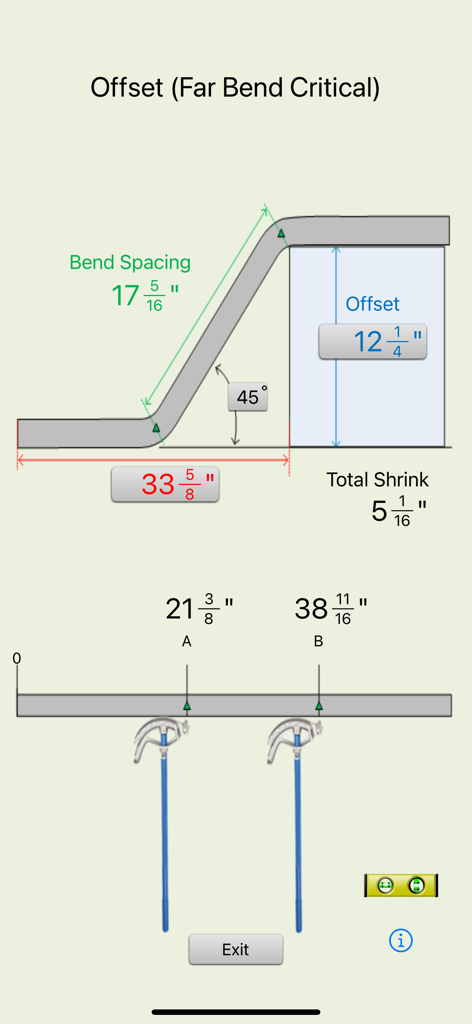 A diagram of the Conduit Bender Elite app showing calculations for an offset bend with measurements for bend spacing and total shrink