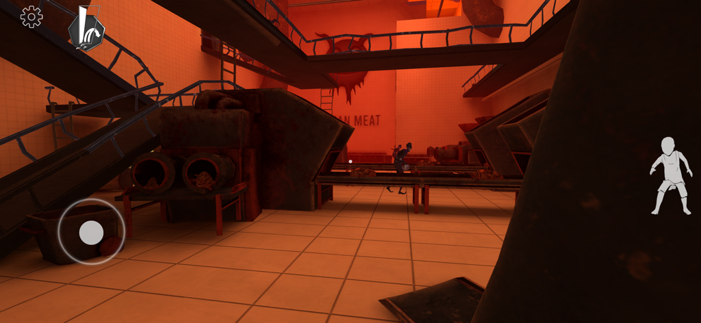 Nightmare Gate: Horror Game - First person view of a dark industrial room with red lighting and rusty machinery in the game Nightmare Gate