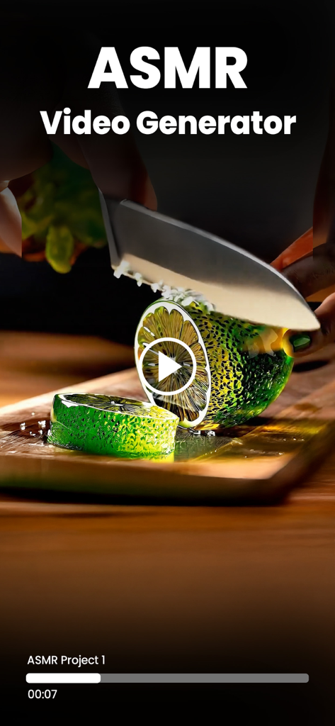 VideoAI: AI Video Generator+ - Interface of the VideoAI app displaying the ASMR video generator feature with a lime being sliced