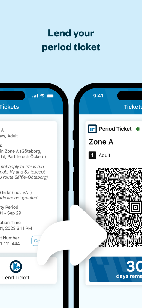 Interfaccia dell'app Vasttrafik To Go che mostra la funzionalità di prestito del biglietto periodico con un codice QR
