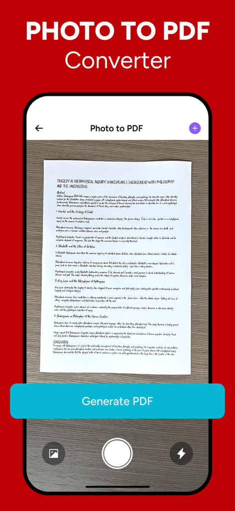 JPG to PDF - PDF Convertor - iPhone app screen showing a document being scanned and converted from photo to PDF