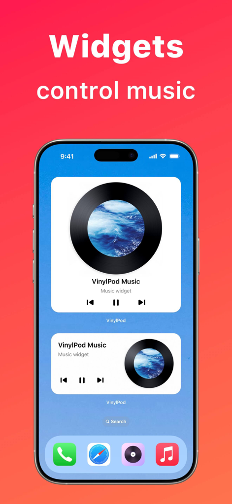 An iPhone home screen showing aesthetic vinyl record music widgets for controlling playback