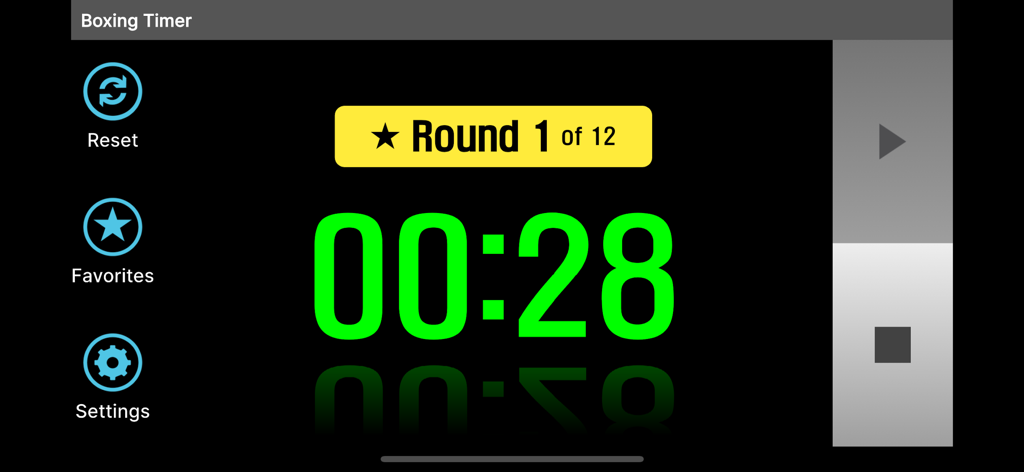 Interface do aplicativo Boxing Timer exibindo o round um de doze com um cronômetro digital verde para o período de descanso.