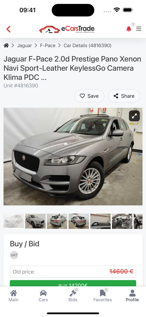 Página de detalhes de um Jaguar F-Pace no aplicativo eCarsTrade mostrando fotos do veículo e opções de lances