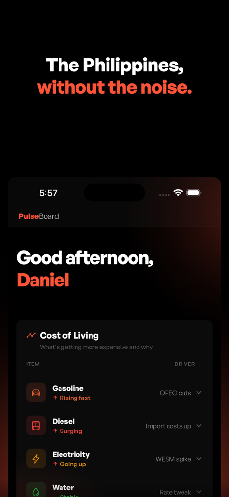 PulseBoard mobile app screen showing real-time cost of living data for gasoline diesel and electricity in the Philippines