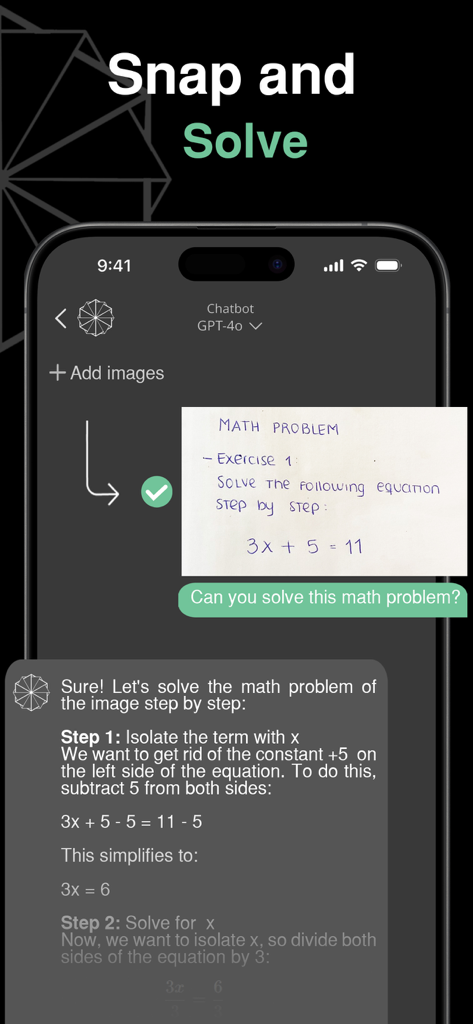 ChatAI - RAG & AI Agents - Aplicativo móvel ChatAI resolvendo um problema matemático manuscrito passo a passo