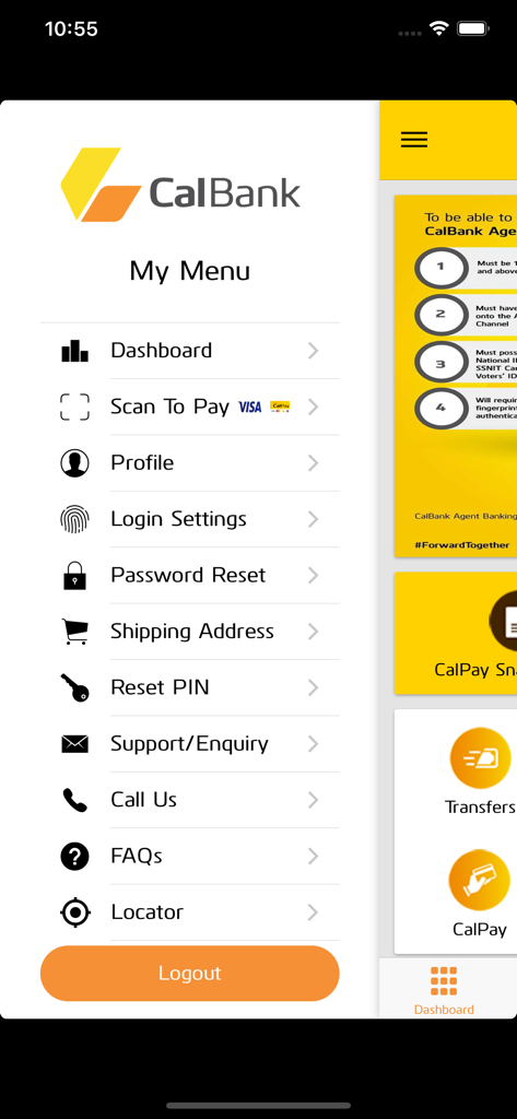 CalBank App - Side navigation menu of the CalBank mobile app showing various banking and account management options.