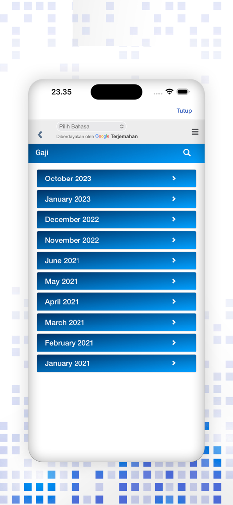 Hrdpintar Eslip - Mobile app interface showing a list of monthly salary stubs in the Hrdpintar Eslip app