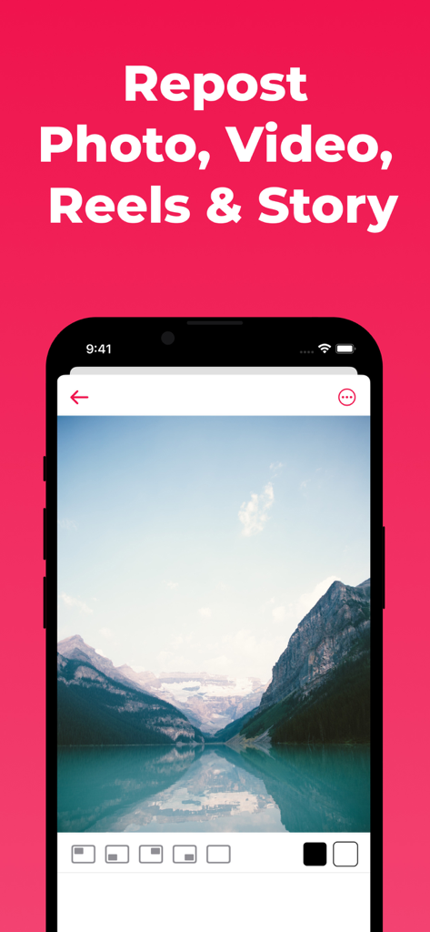 Smartphone displaying the Repost Reels app interface with a scenic photo and watermark settings