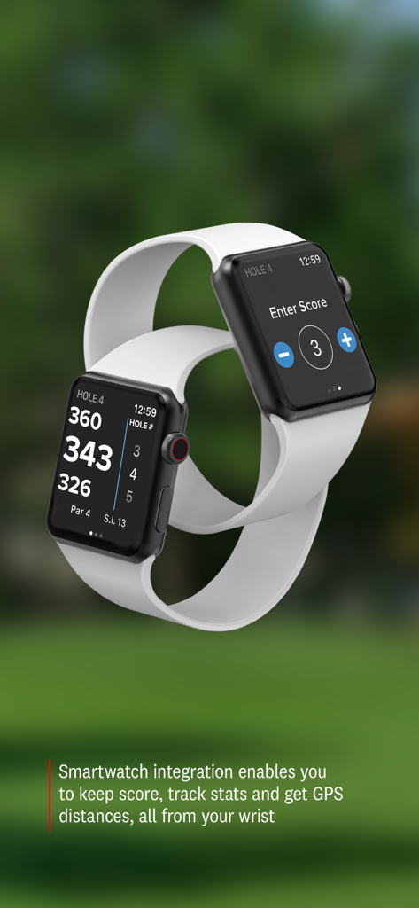 GHIN - GHIN golf app on a smartwatch showing course distances and score tracking