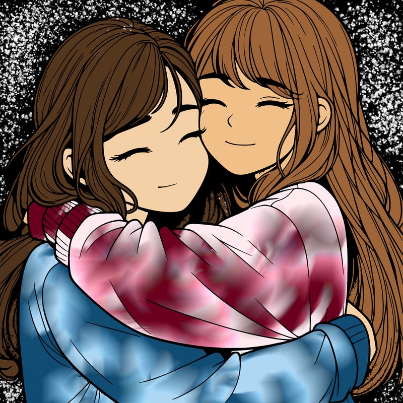 realistic two girls hugging