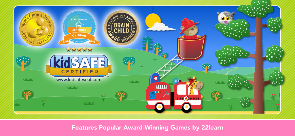 Preschool / Kindergarten Games - Award-winning badges and safety certifications for the Preschool Kindergarten Games app with friendly animal characters