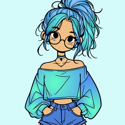 girl with a messy ponytail glasses a baggy crop top and jean shorts