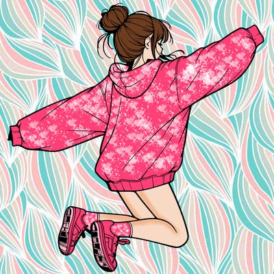 realistic girl jumping with a bun and oversized sweatshirt