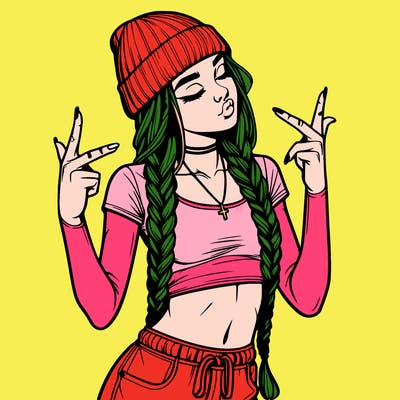 realistic teenage girl with braids and a beanie and crop top doing 🫶🏼