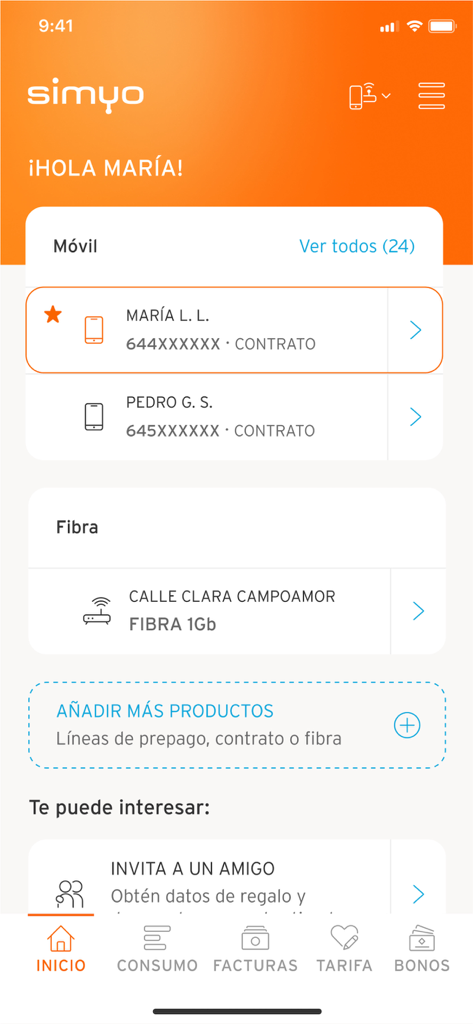 Tela inicial do aplicativo Simyo exibindo linhas móveis gerenciadas e detalhes da conexão de fibra
