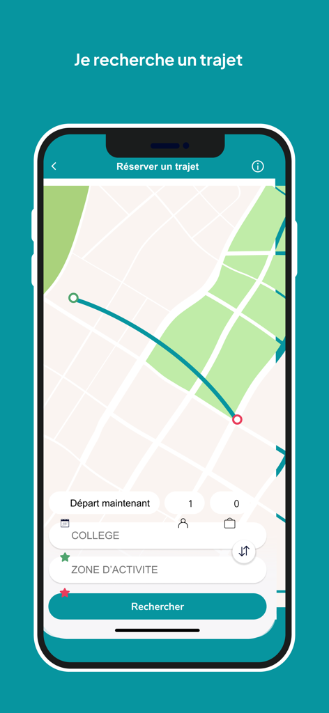 Interfaz de la aplicación móvil para reservar un viaje de transporte a demanda con un mapa y campos de búsqueda