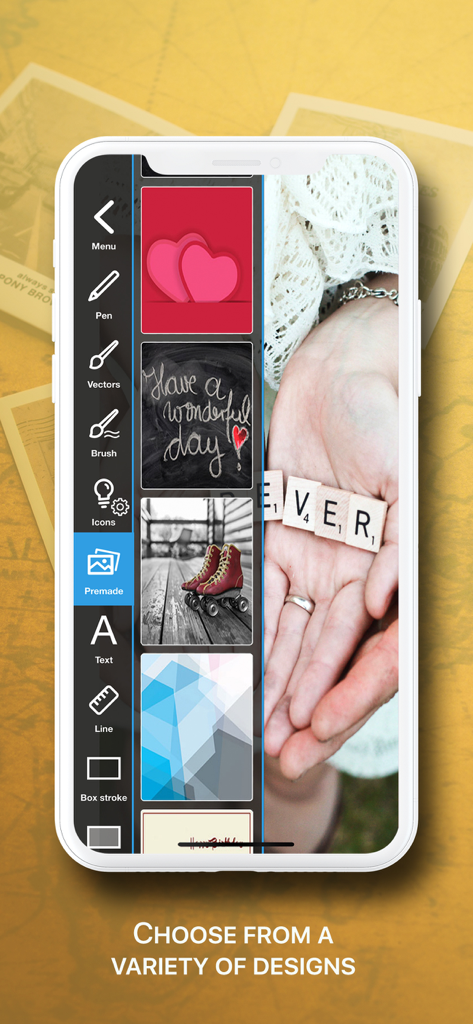 Interface of the Vintage Logo and Poster Maker app showing a variety of premade design templates and creative tools on a smartphone