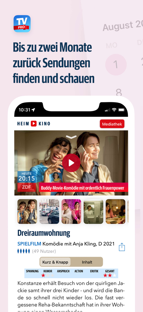 TV Pro TV-Programm + Mediathek - Screenshot of TV Pro app showing a detailed view of a German movie with play button, scene images, and ratings for humor and action.