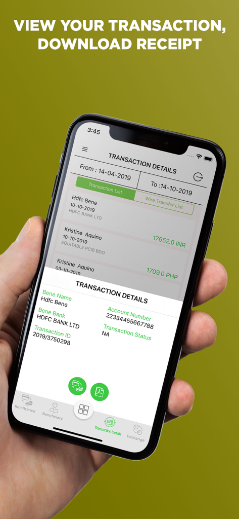 Modern Exchange - Oman - Modern Exchange Oman app showing transaction history and details on a smartphone