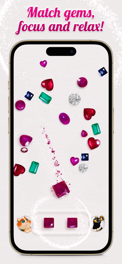 Dazzly Match: Diamond Sort - Gameplay screen of Dazzly Match showing various colorful gemstones falling into a sorting tray with a cat and magpie assistant.