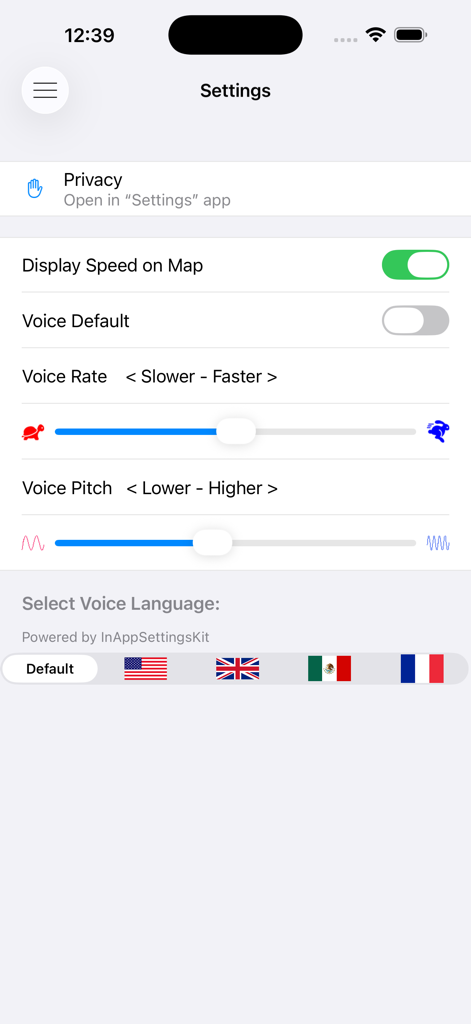 El menú de configuración de la aplicación Here I Am Now que muestra opciones de velocidad de voz, tono y selección de idioma