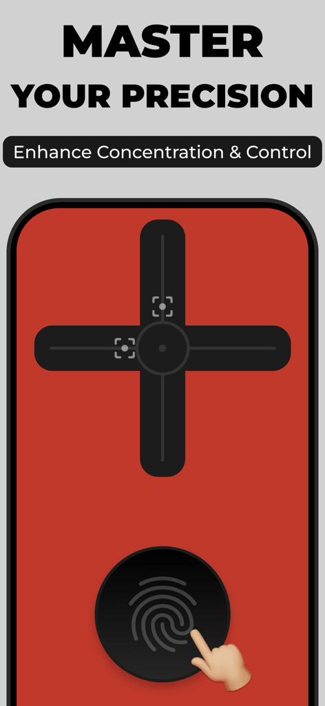 Reflex Test & Reaction Time - Master your precision challenge screen featuring a crosshair target and fingerprint tap area