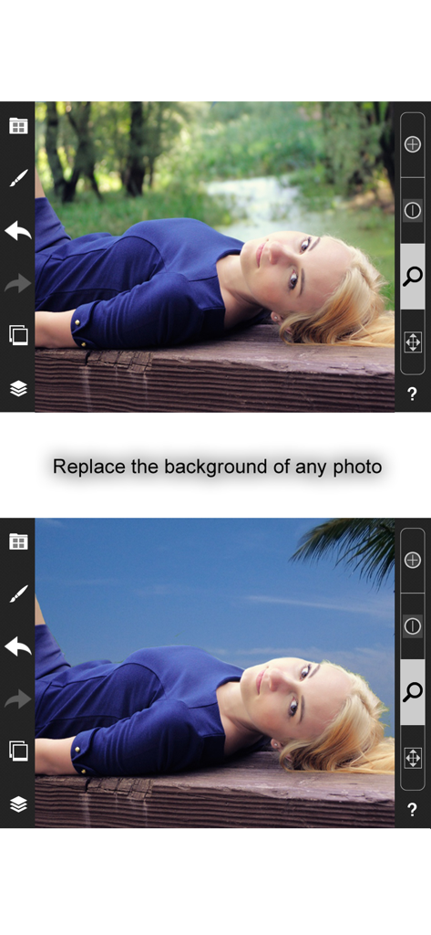 PicMix Lite - Comparación antes y después que muestra cómo reemplazar el fondo de una foto usando la aplicación PicMix Lite.