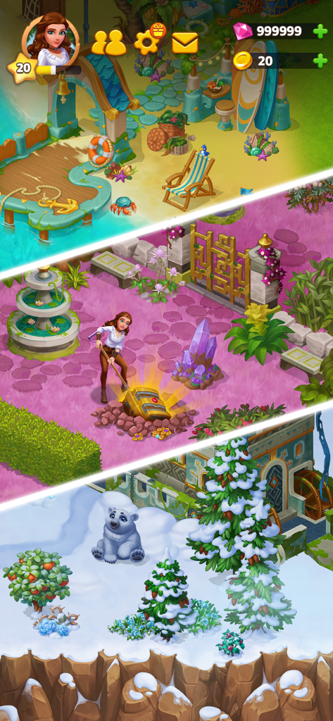 Island Hoppers: Adventure Farm - Un montaje de tres entornos de juego que presentan una playa tropical, una búsqueda floral de tesoros y un paisaje nevado con un oso polar.