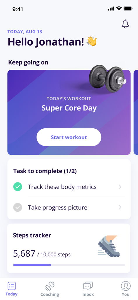 Everfit - Train smart - User dashboard in Everfit app showing a daily workout card for Super Core Day, a task checklist, and a daily step tracker progress bar.