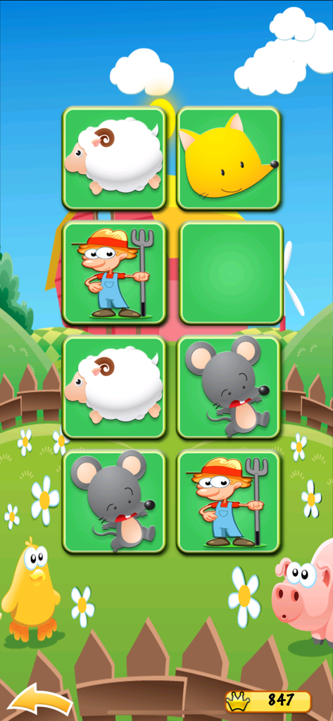 Farm Match for Kids & Toddlers - Toddler memory matching game screen with farm animals and farmer characters