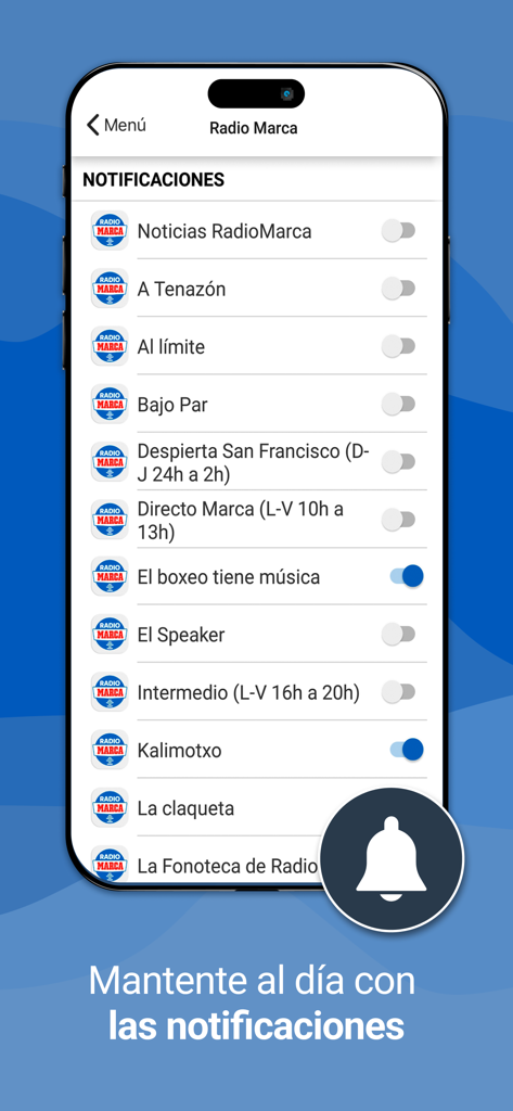 Menu de configurações de notificação do aplicativo Radio MARCA mostrando interruptores para programas esportivos