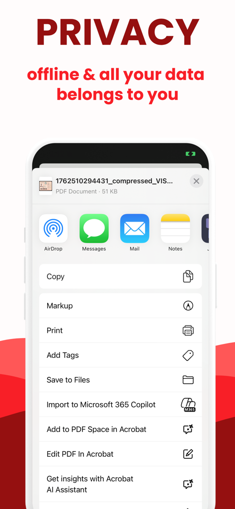 PDF Compressor • Compress PDF - PDF圧縮のプライバシー機能とiOSファイル共有オプションを強調するスクリーンショット