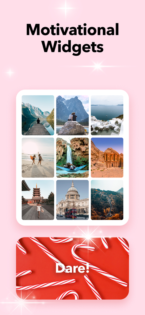Vision Board 2026ㆍDreamer AI - A showcase of motivational widgets from the Vision Board 2026 app featuring travel photos and affirmations.
