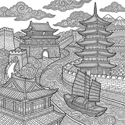 Dive into the grandeur of the Sui Dynasty with this captivating Zentangle coloring page, featuring ancient architecture and a majestic boat. Each intricate detail invites you to a meditative journey of creativity and relaxation.