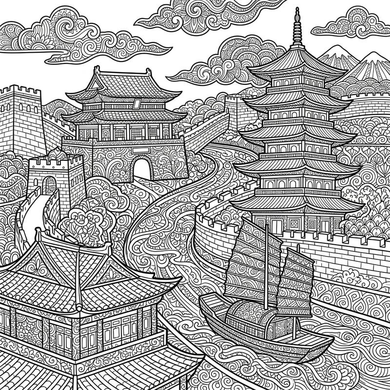Dive into the grandeur of the Sui Dynasty with this captivating Zentangle coloring page, featuring ancient architecture and a majestic boat. Each intricate detail invites you to a meditative journey of creativity and relaxation.