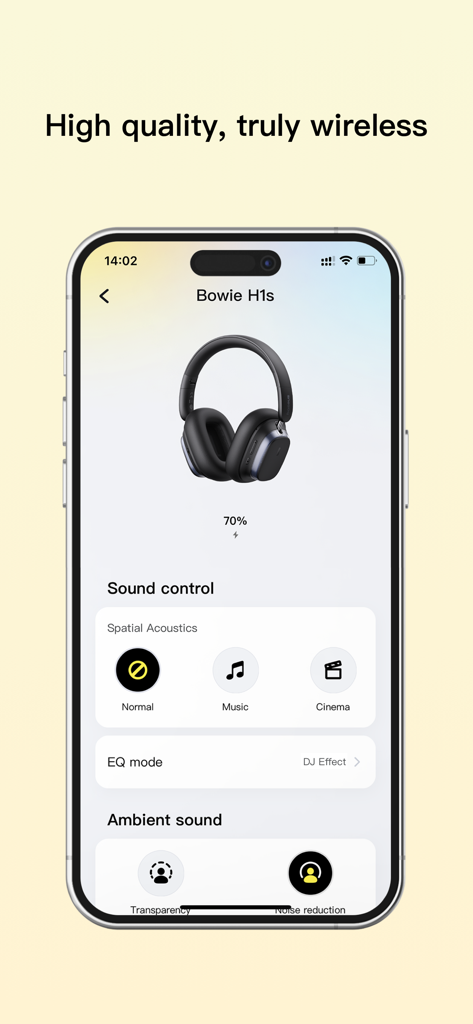 Baseus mobile app interface showing battery level and sound control settings for Bowie H1s wireless headphones