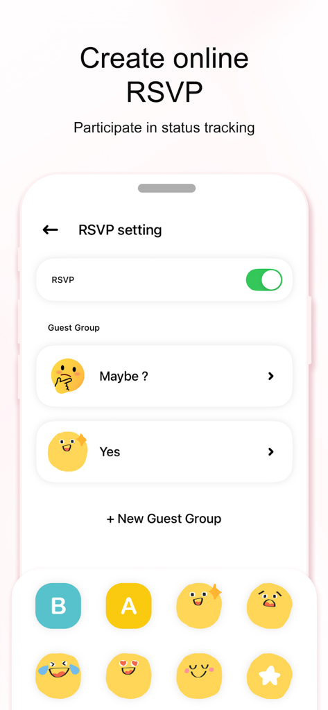 Invitation Maker Greeting Card - Mobile app interface for creating online RSVPs and tracking guest status with custom emoji groups.