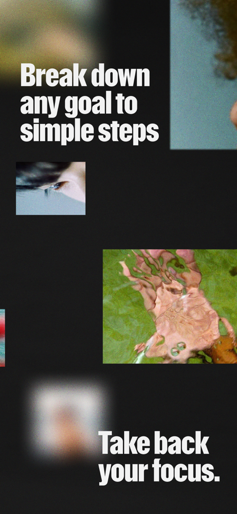 Flourish: Health & Fitness AI - Promotional screen for Flourish Health and Fitness AI featuring text about breaking down goals into simple steps and taking back focus.