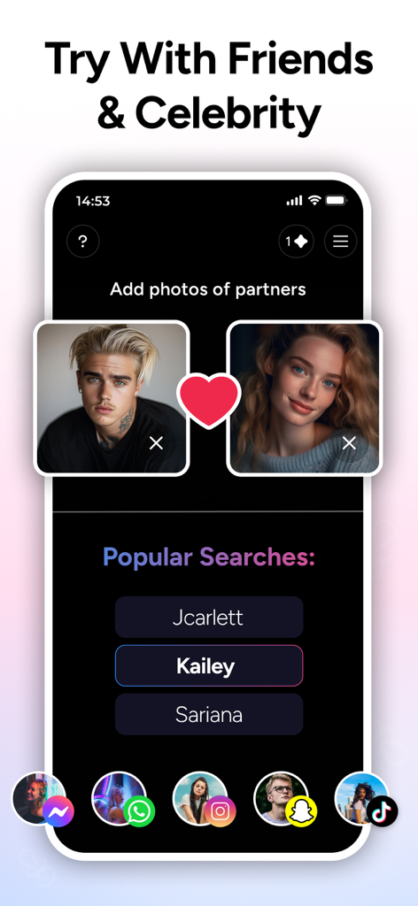 Interface de l'application TinyFaces montrant l'écran de sélection de photo du partenaire pour la génération de bébé.