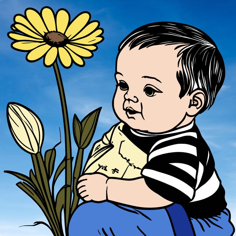 baby holding a flower