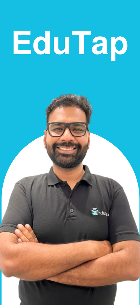 EduTap - A smiling male instructor wearing a black EduTap polo shirt with arms crossed against a blue background