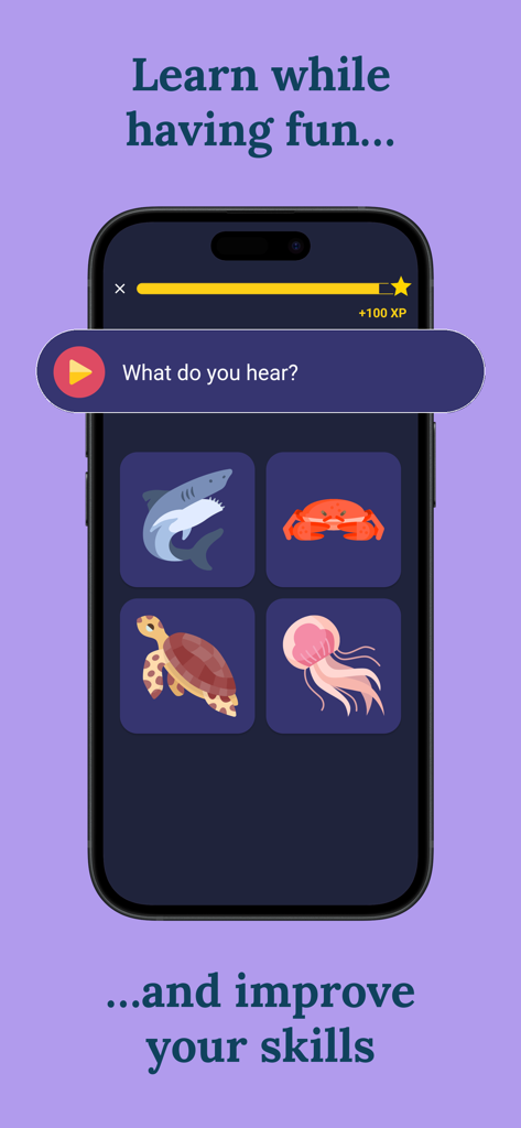 Learn Korean (Beginners) - A listening challenge in the Korean learning app showing sea animals like a shark and crab