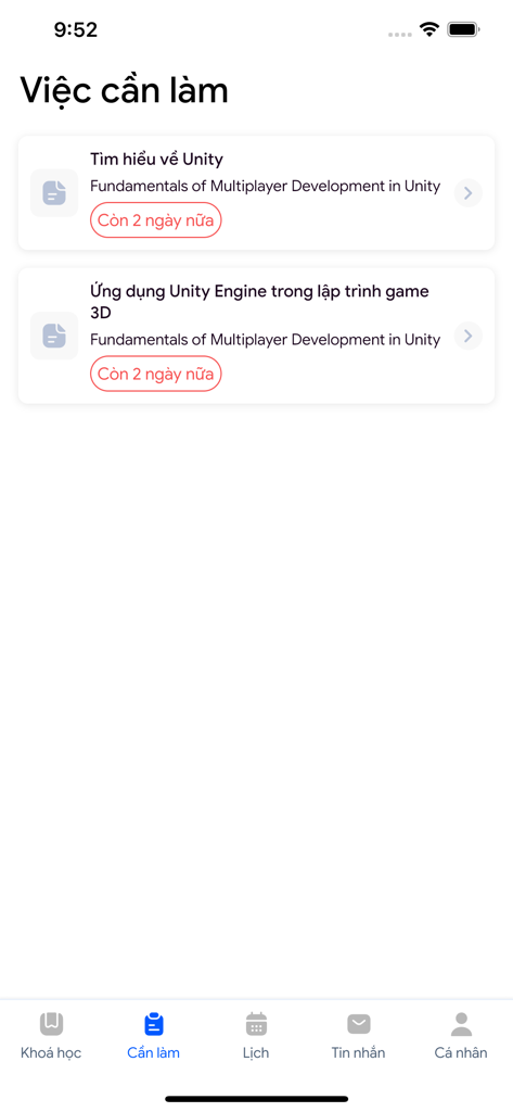 LMS Student - LMS StudentアプリのToDoリストインターフェース。締切日のあるUnity開発の課題が表示されています。